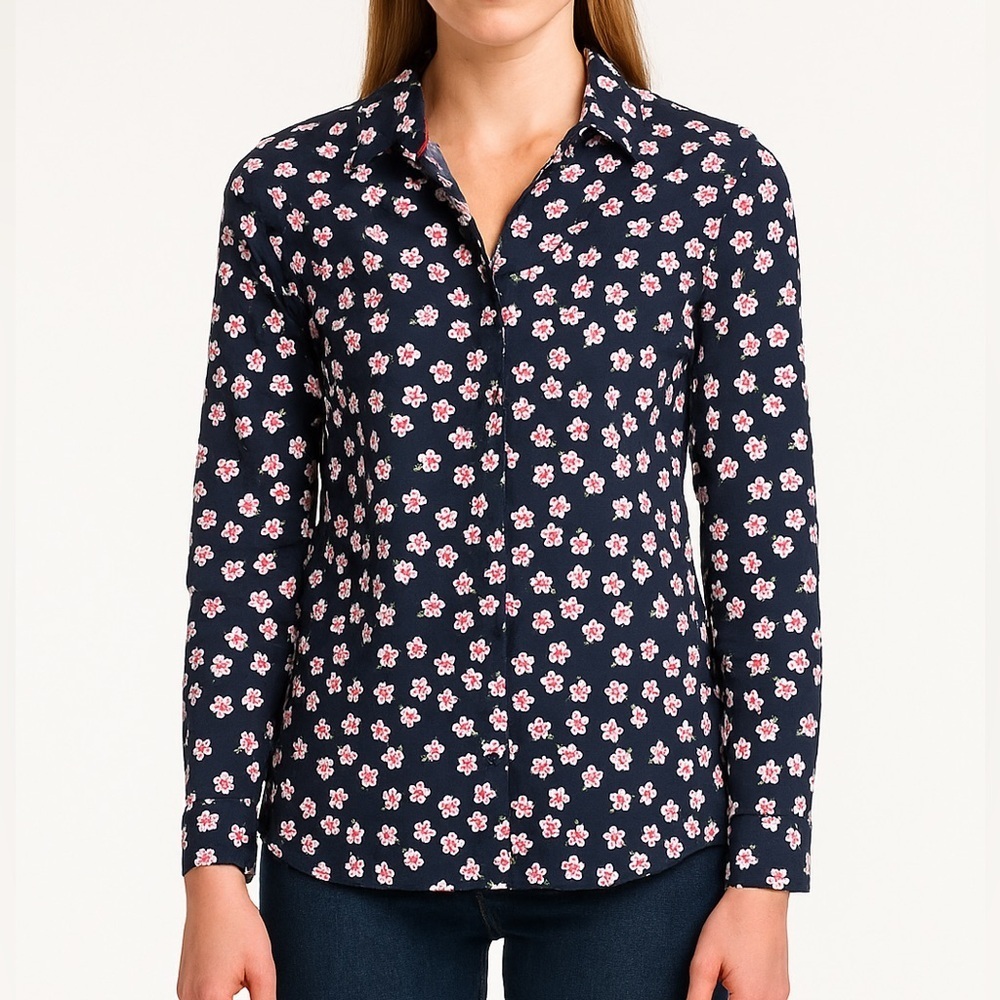 Boden blue floral long sleeve button up blouse floral navy
